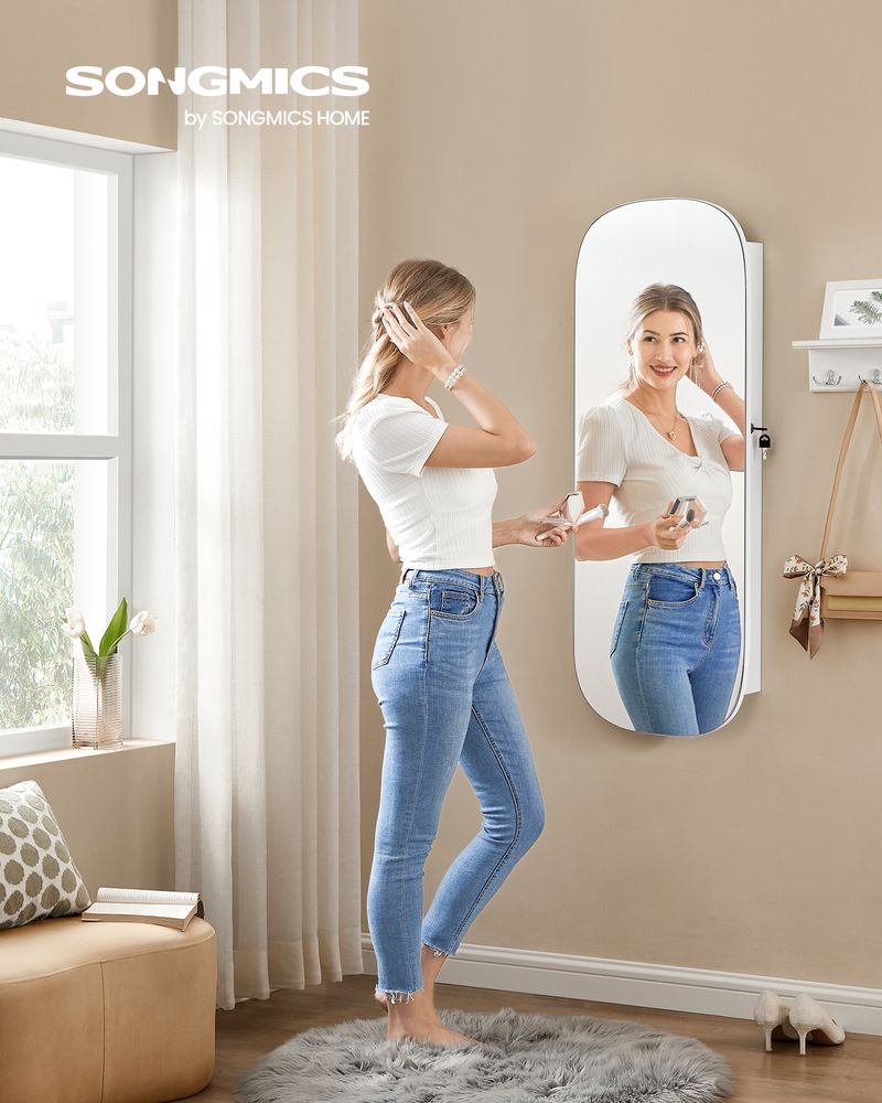 Round Mirror Jewelry Cabinet | Wall-Mounted LED Organizer