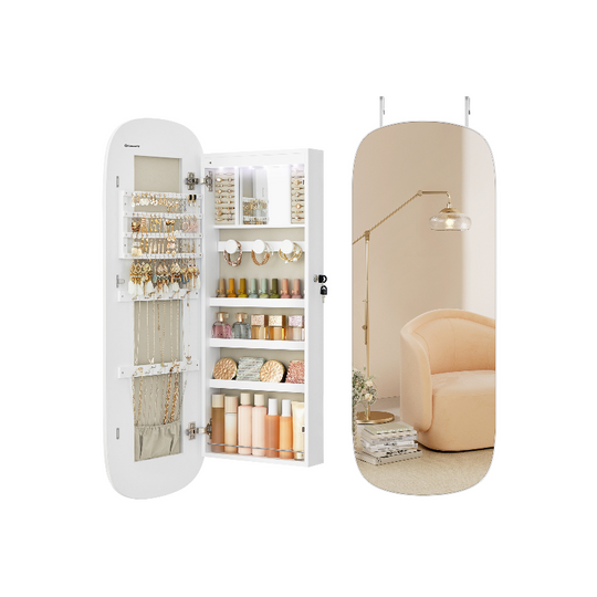 Round Mirror Jewelry Cabinet | Wall-Mounted LED Organizer