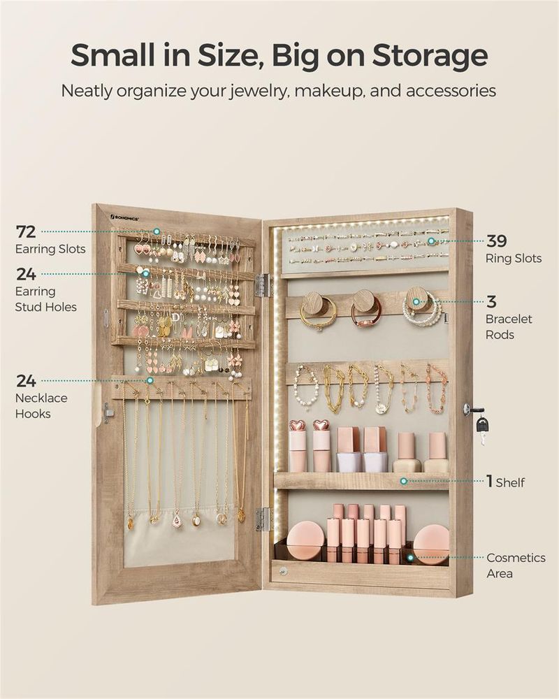 Wall-Mounted Jewelry Cabinet | Mirror Armoire With LED Lighting