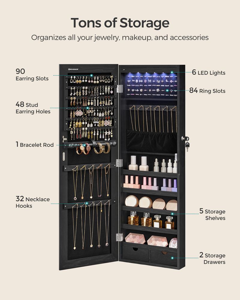 Wall-Mounted Jewelry Armoire | Full-Length Mirror With LED Storage