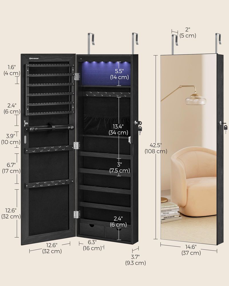 Wall-Mounted Jewelry Armoire | Full-Length Mirror With LED Storage