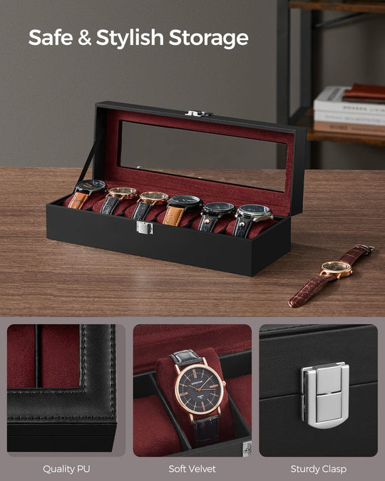 Watch Box Organizer | Glass Lid Display Case With Clasp