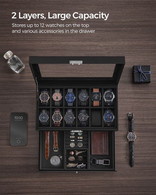 Watch Case Organizer | 6-Slot Glass Lid Storage