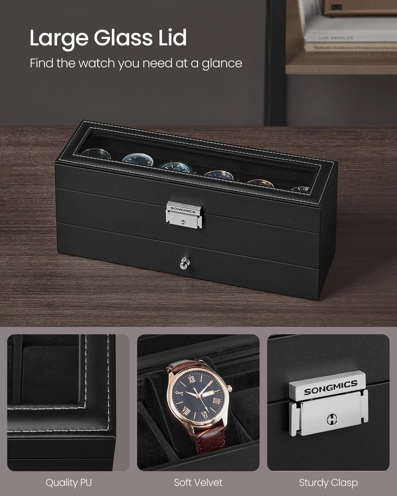 Watch Case Organizer | 6-Slot Glass Lid Storage