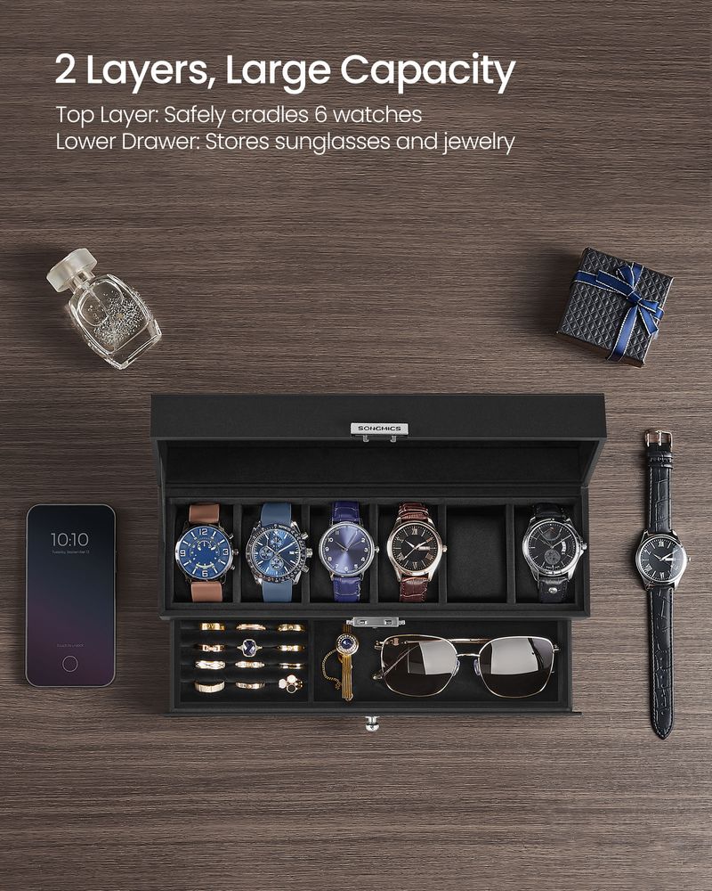 Watch Case Organizer | 6-Slot Glass Lid Storage