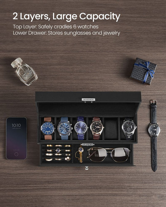 Watch Case Organizer | 6-Slot Glass Lid Storage