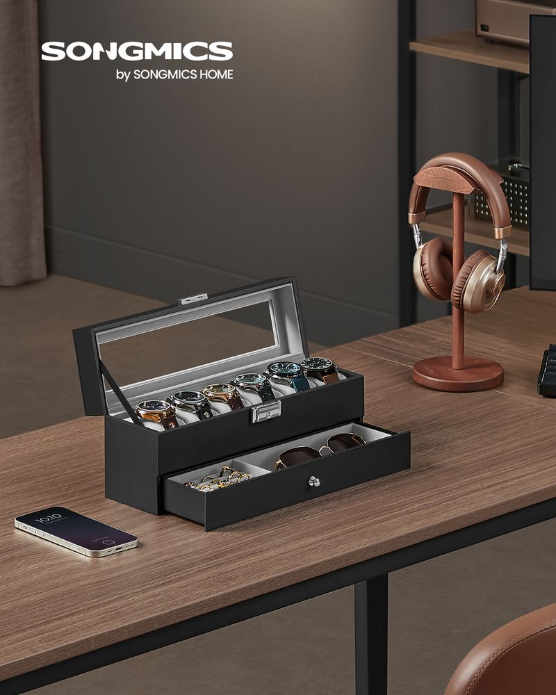 Watch Case Organizer | 6-Slot Glass Lid Storage