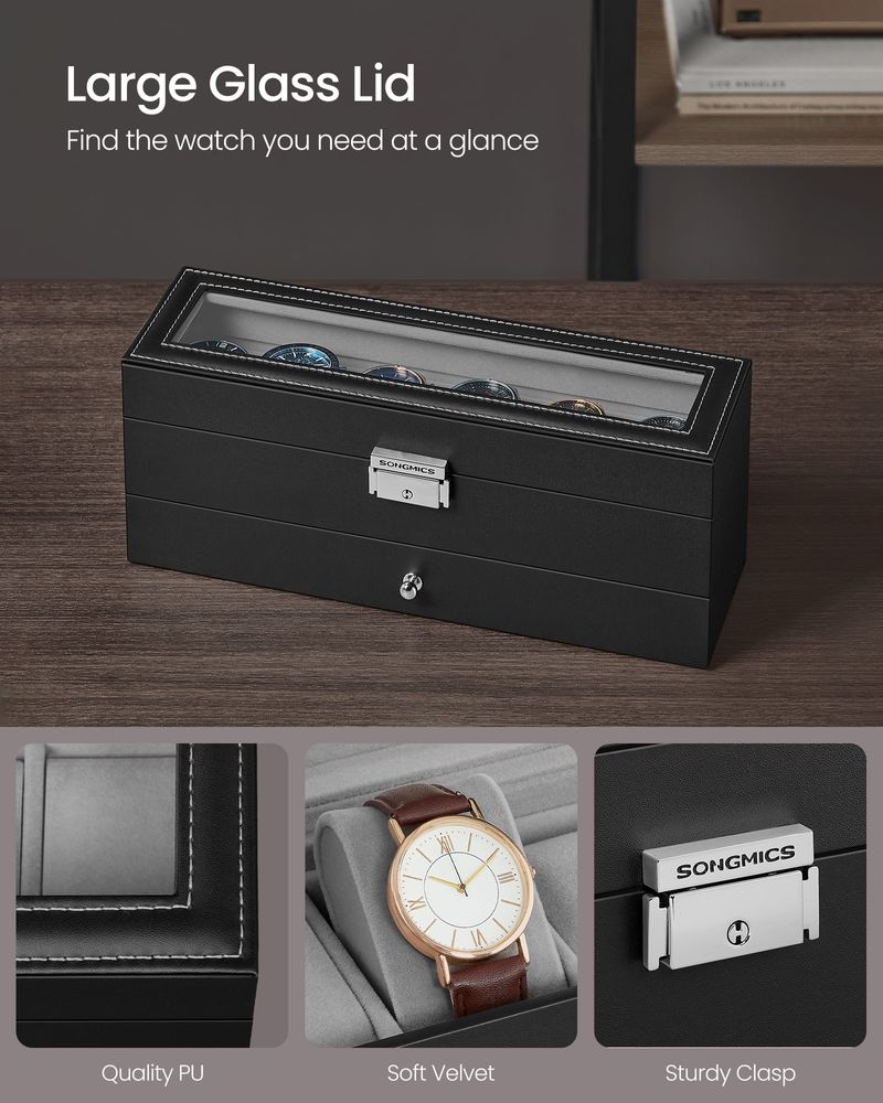 Watch Case Organizer | 6-Slot Glass Lid Storage