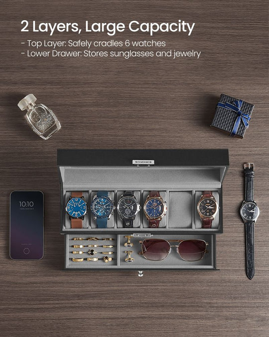 Watch Case Organizer | 6-Slot Glass Lid Storage