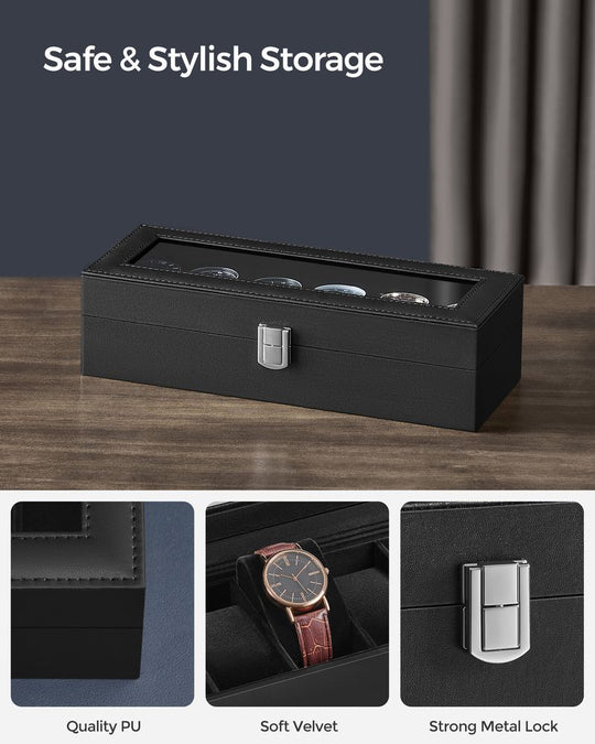 Watch Box Organizer | Glass Lid Display Case With Clasp