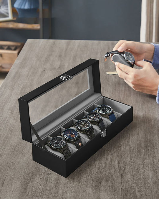Watch Box Organizer | Glass Lid Display Case With Clasp