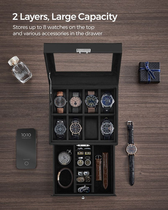 Watch Case Organizer | 6-Slot Glass Lid Storage