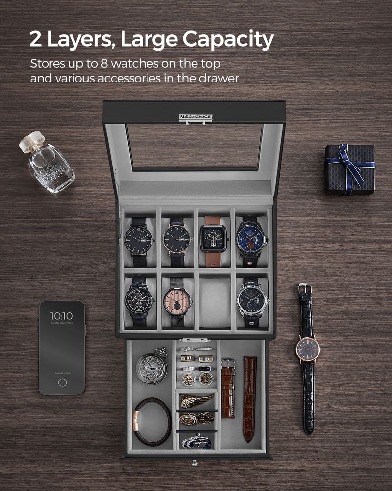 Watch Case Organizer | 6-Slot Glass Lid Storage