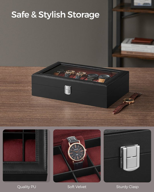 Watch Box Organizer | Glass Lid Display Case With Clasp