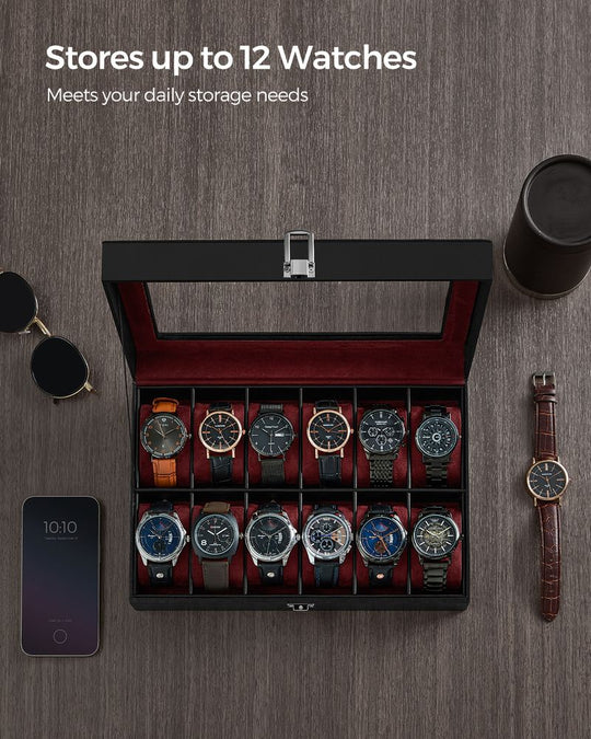 Watch Box Organizer | Glass Lid Display Case With Clasp