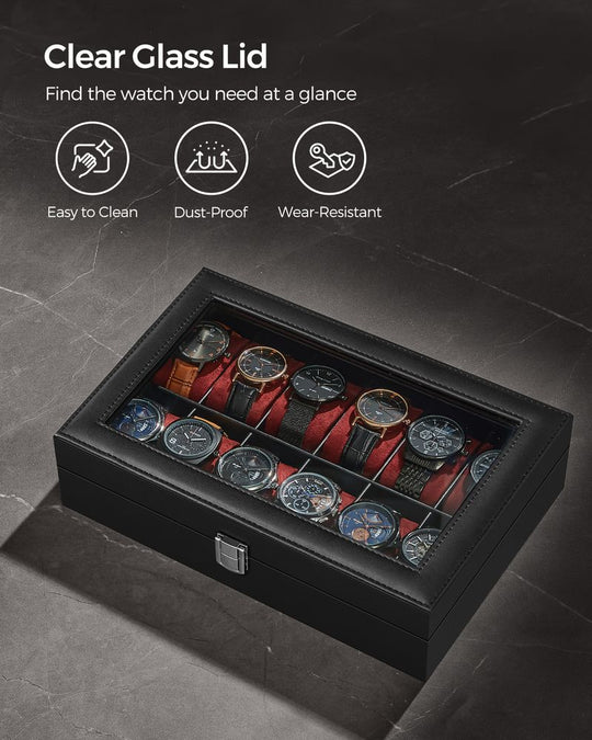 Watch Box Organizer | Glass Lid Display Case With Clasp