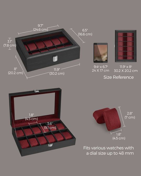Watch Box Organizer | Glass Lid Display Case With Clasp