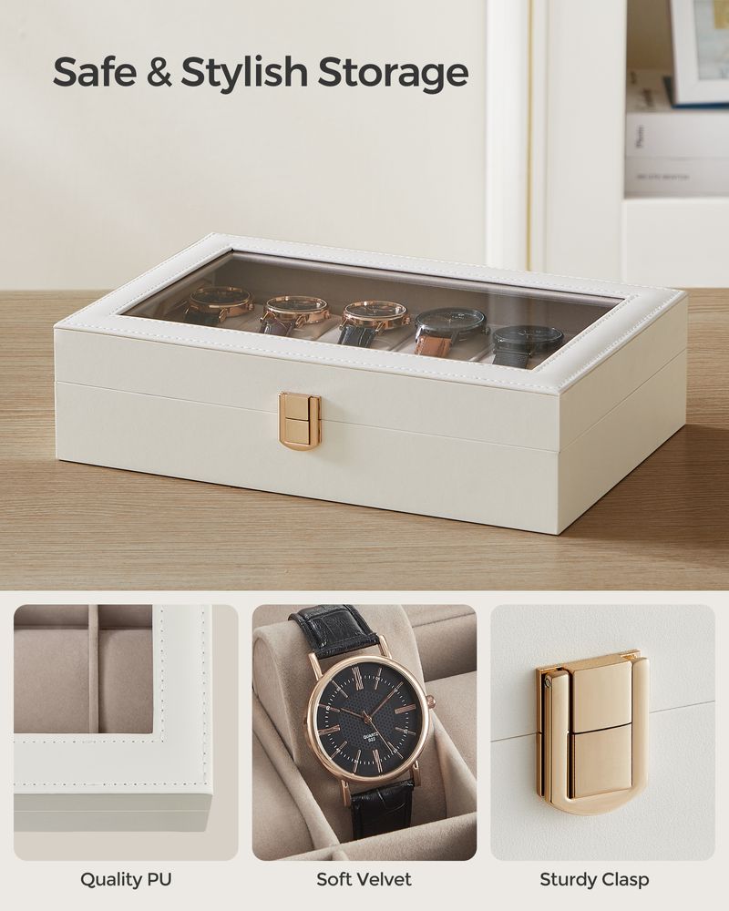 Watch Box Organizer | Glass Lid Display Case With Clasp