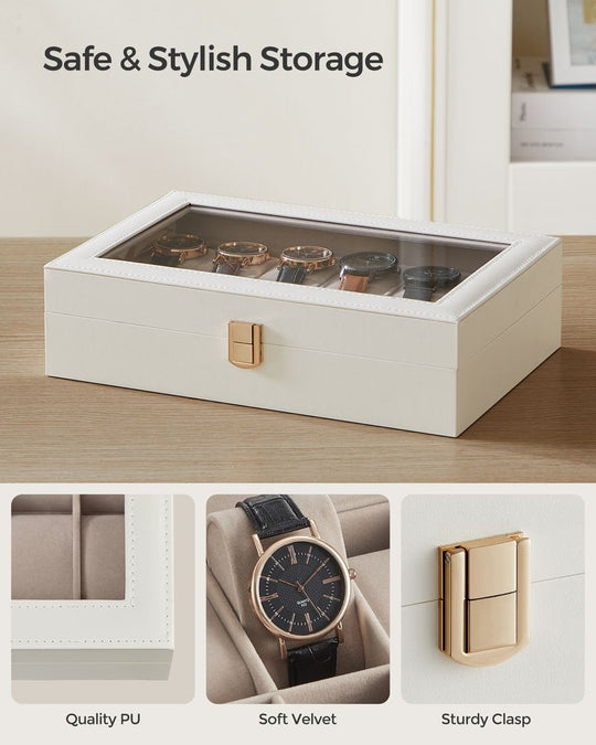 Watch Box Organizer | Glass Lid Display Case With Clasp
