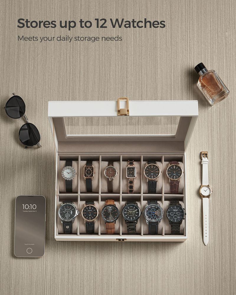 Watch Box Organizer | Glass Lid Display Case With Clasp