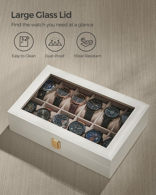 Watch Box Organizer | Glass Lid Display Case With Clasp