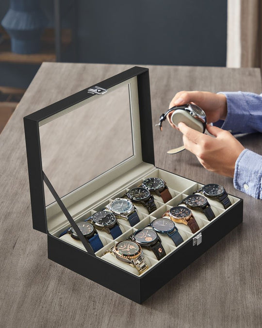 Watch Box Organizer | Glass Lid Display Case With Clasp
