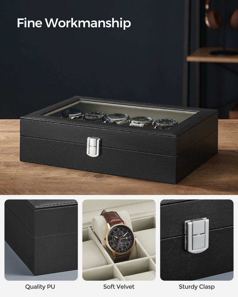 Watch Box Organizer | Glass Lid Display Case With Clasp