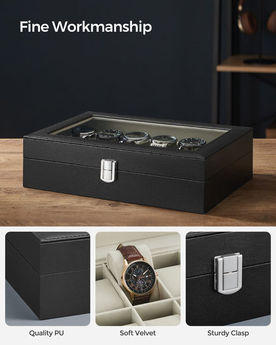 Watch Box Organizer | Glass Lid Display Case With Clasp