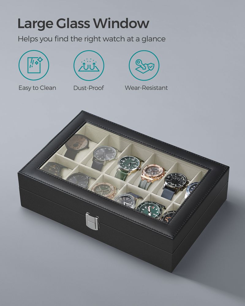 Watch Box Organizer | Glass Lid Display Case With Clasp