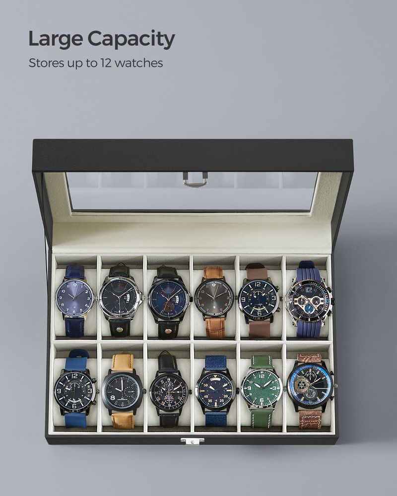 Watch Box Organizer | Glass Lid Display Case With Clasp