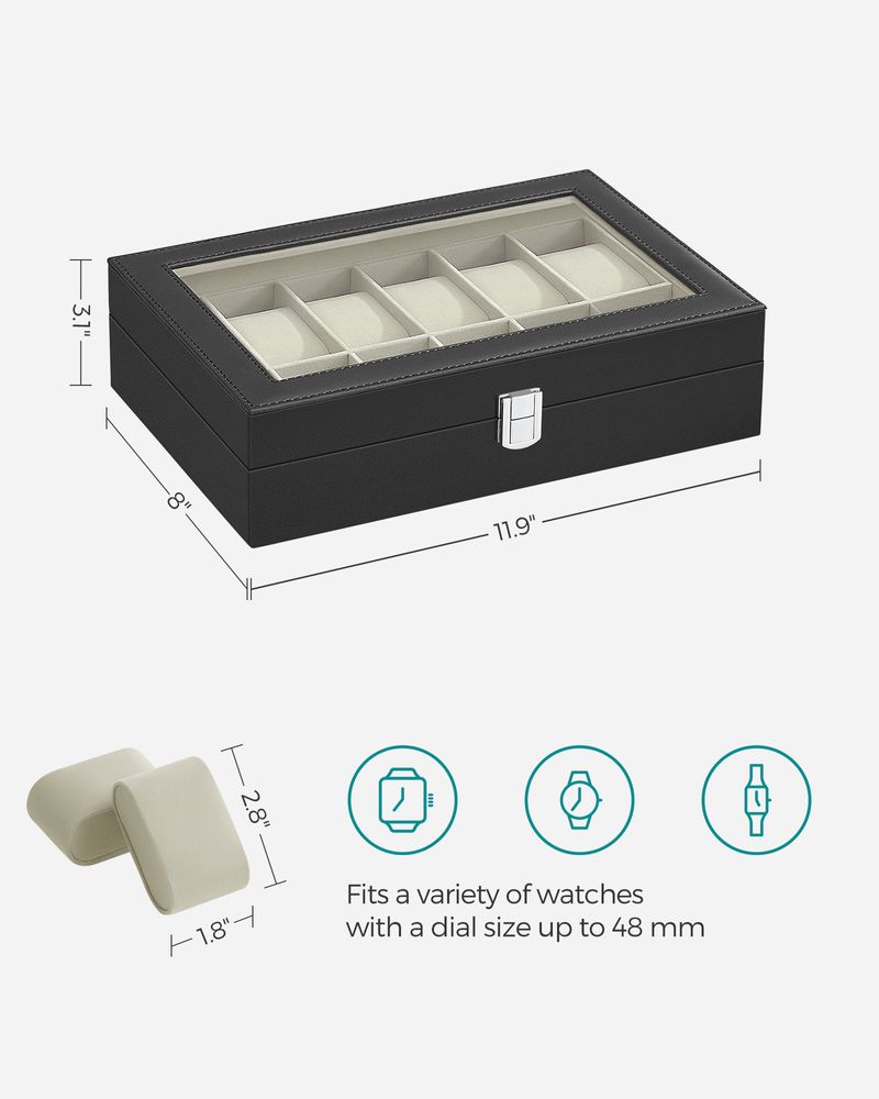 Watch Box Organizer | Glass Lid Display Case With Clasp
