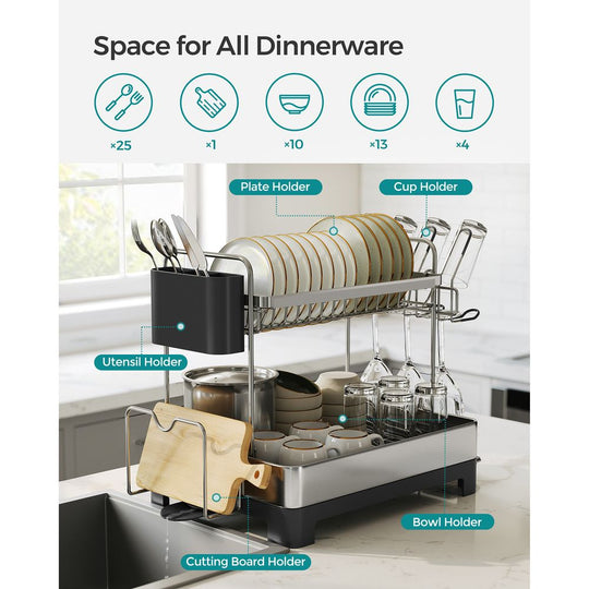 Two Tier Dish Drying Rack | Stainless Steel With Drainage Spout