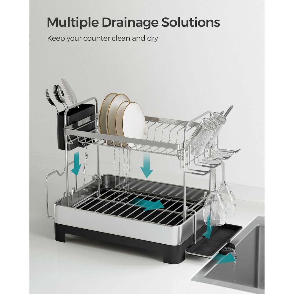 Two Tier Dish Drying Rack | Stainless Steel With Drainage Spout