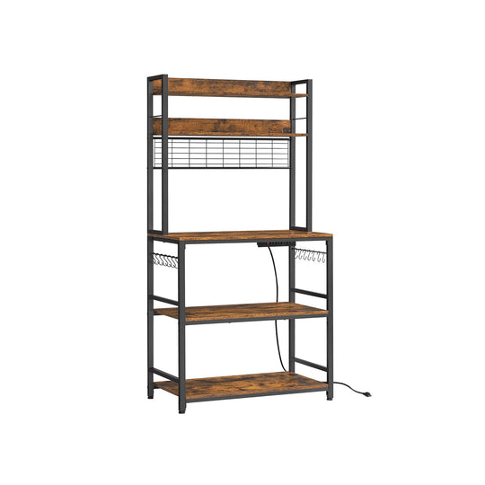 Bakers Rack With Power Outlet | Kitchen Hutch With Adjustable Shelves