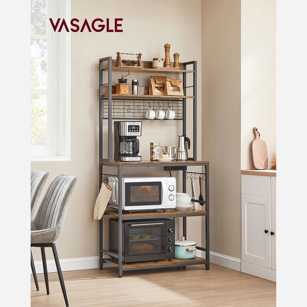 Bakers Rack With Power Outlet | Kitchen Hutch With Adjustable Shelves