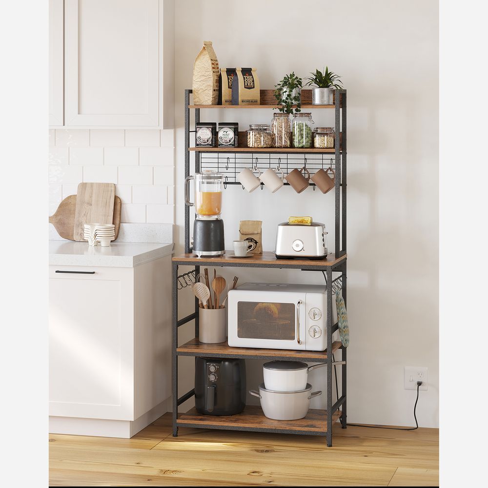 Bakers Rack With Power Outlet | Kitchen Hutch With Adjustable Shelves