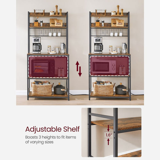Bakers Rack With Power Outlet | Kitchen Hutch With Adjustable Shelves
