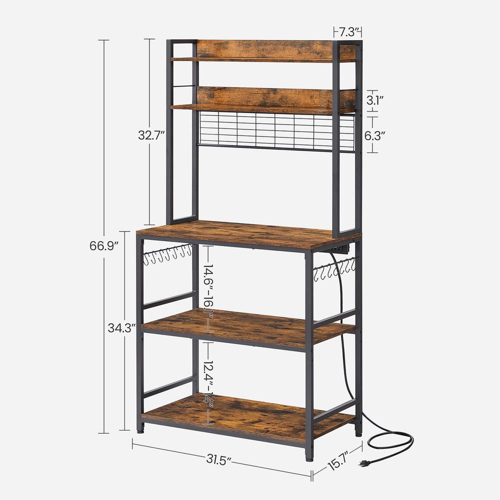 Bakers Rack With Power Outlet | Kitchen Hutch With Adjustable Shelves