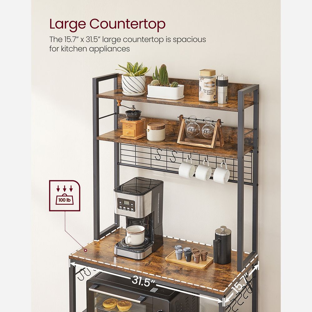 Bakers Rack With Power Outlet | Kitchen Hutch With Adjustable Shelves