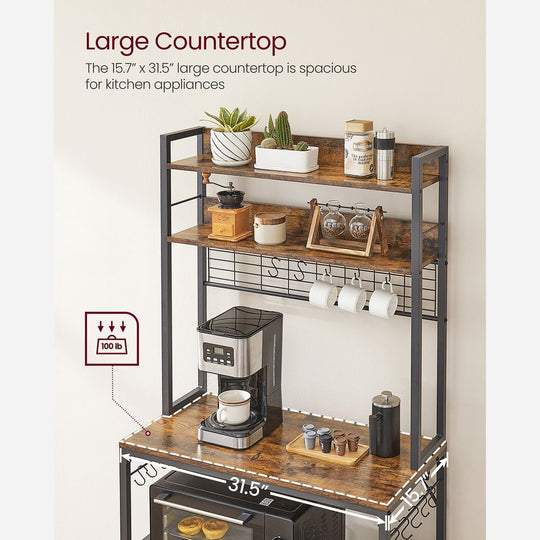 Bakers Rack With Power Outlet | Kitchen Hutch With Adjustable Shelves