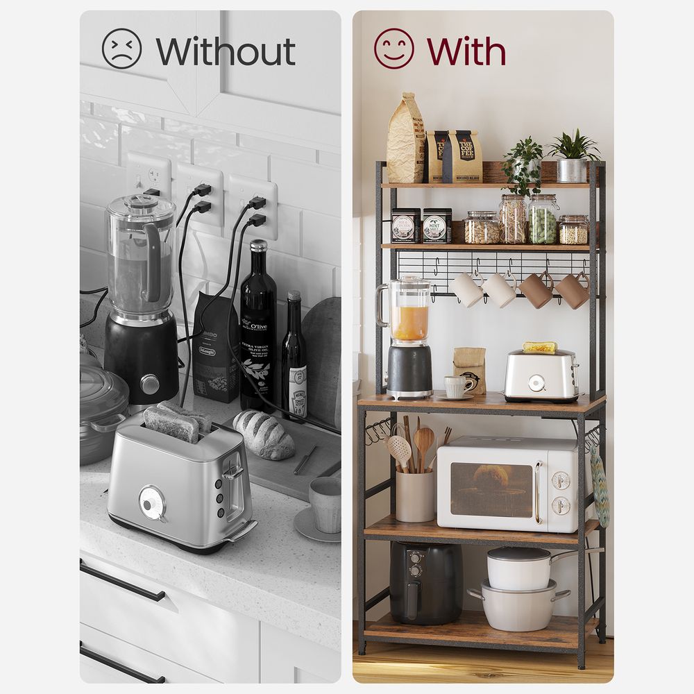 Bakers Rack With Power Outlet | Kitchen Hutch With Adjustable Shelves
