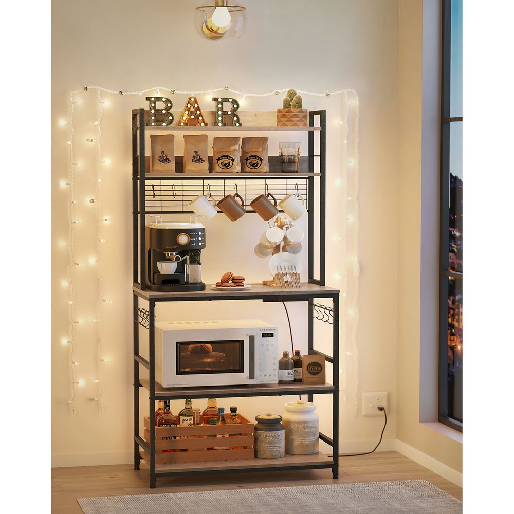 Bakers Rack With Power Outlet | Kitchen Hutch With Adjustable Shelves