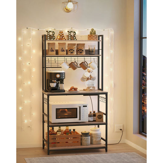 Bakers Rack With Power Outlet | Kitchen Hutch With Adjustable Shelves