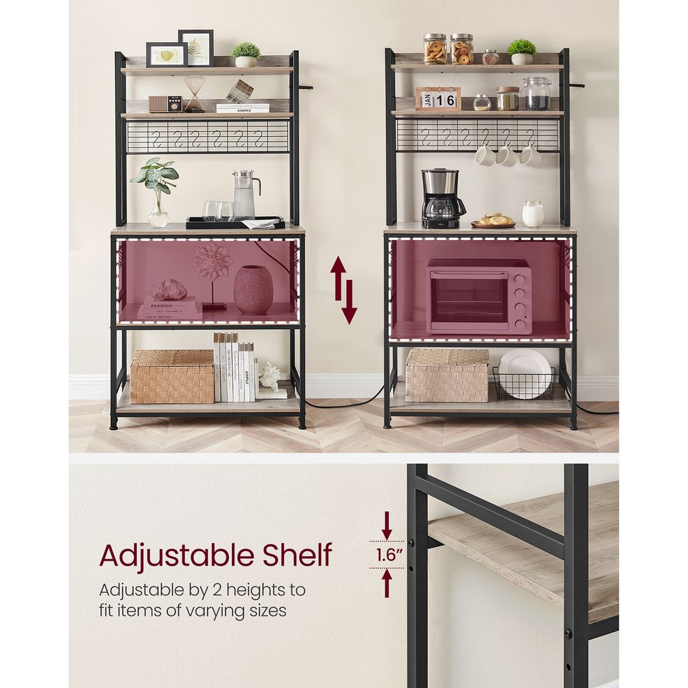 Bakers Rack With Power Outlet | Kitchen Hutch With Adjustable Shelves