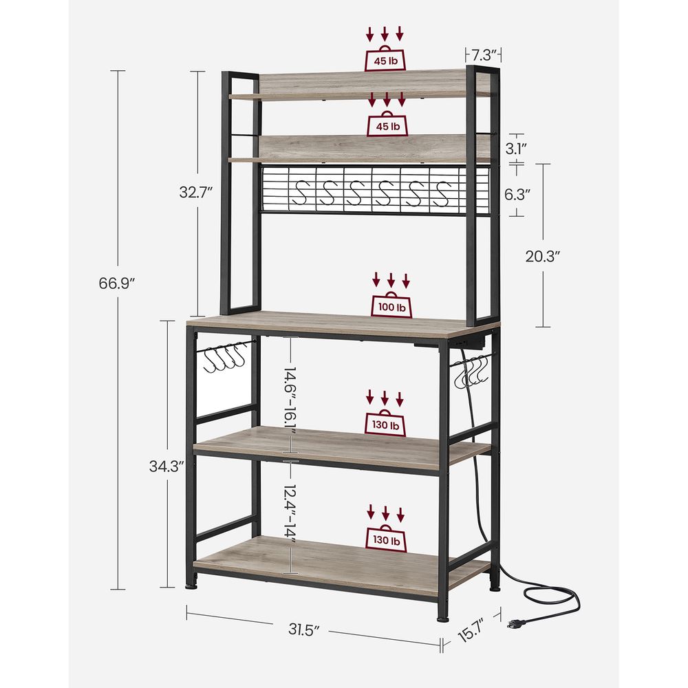 Bakers Rack With Power Outlet | Kitchen Hutch With Adjustable Shelves