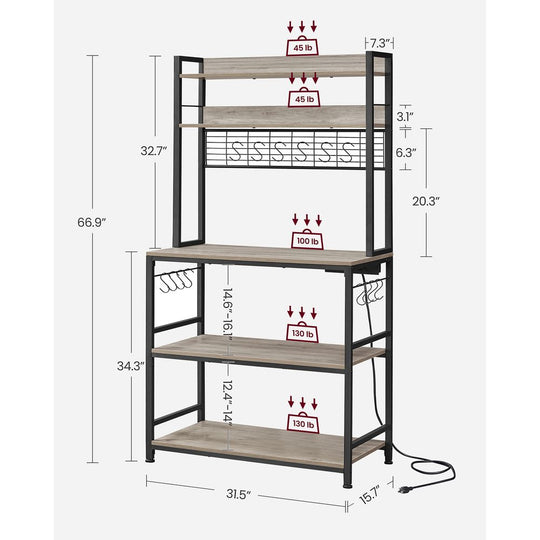 Bakers Rack With Power Outlet | Kitchen Hutch With Adjustable Shelves