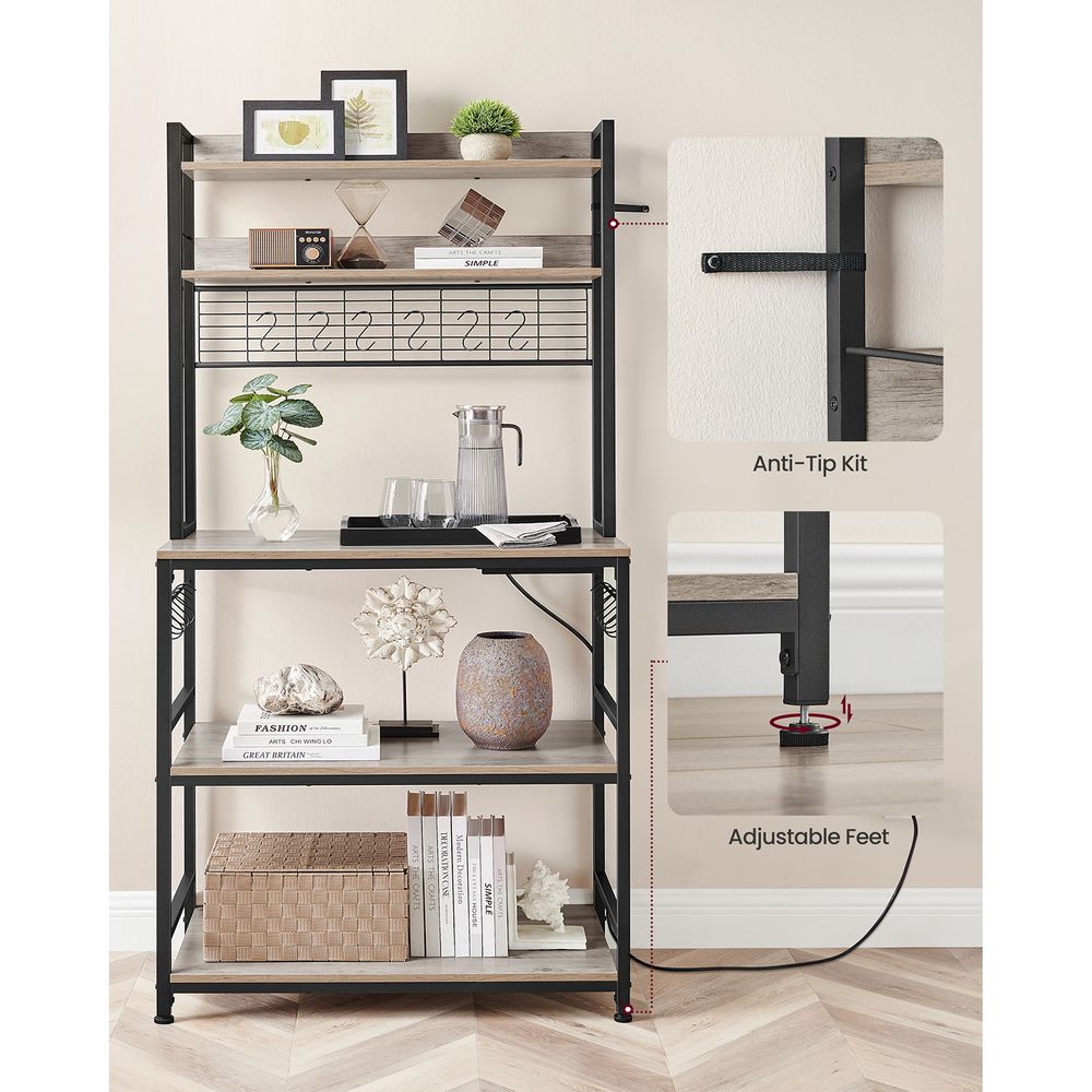 Bakers Rack With Power Outlet | Kitchen Hutch With Adjustable Shelves