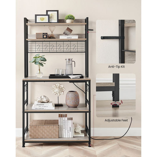 Bakers Rack With Power Outlet | Kitchen Hutch With Adjustable Shelves