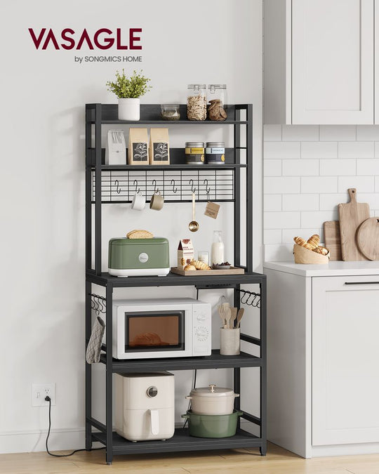 Bakers Rack With Power Outlet | Kitchen Hutch With Adjustable Shelves