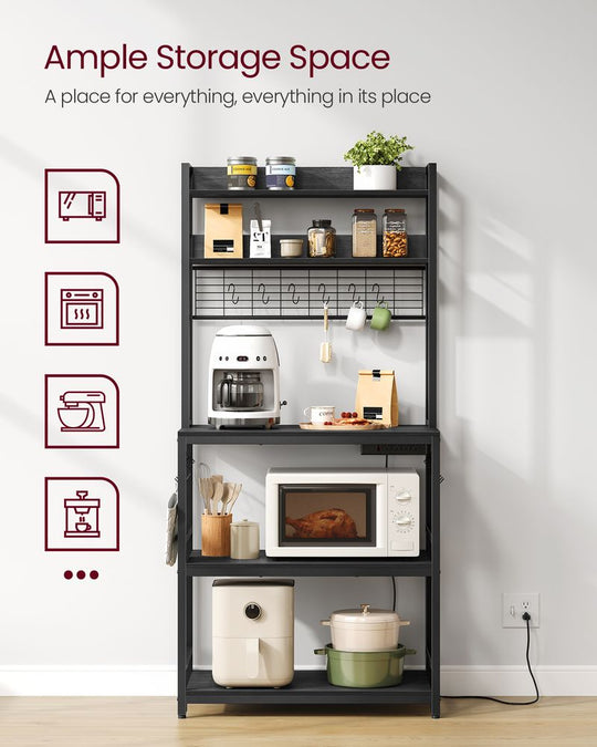 Bakers Rack With Power Outlet | Kitchen Hutch With Adjustable Shelves
